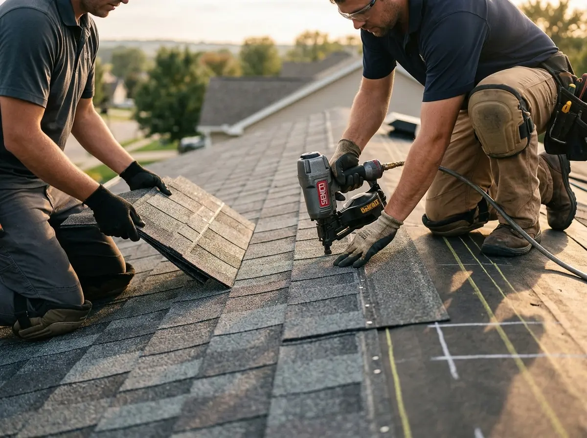 Professional roofer working on a residential roof in Kingston